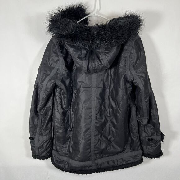 BCBG MAXAZRIA Barrett Quilted Full Zip Jacket Womens Large Black Faux Fur Hood - Picture 12 of 14